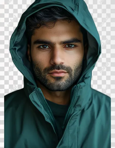 A man wearing a green, technical fabric jacket windbreaker with a hood and front panel in the style of a jacket. The colors blend softly, and the photography is high resolution, capturing a sustainable fashion piece with a lighthearted mood. The top is made of a solid, dark grey matte jersey material, with no wrinkles on the chest and a flat collar.