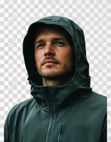 A man wearing a green, technical fabric jacket windbreaker with a hood and front panel in the style of a jacket. The colors blend softly, and the photography is high resolution, capturing a sustainable fashion piece with a lighthearted mood. The top is made of a solid, dark grey matte jersey material, with no wrinkles on the chest and a flat collar.