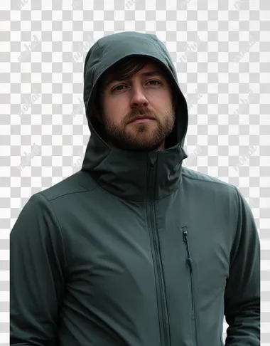 A man wearing a green, technical fabric jacket windbreaker with a hood and front panel in the style of a jacket. The colors blend softly, and the photography is high resolution, capturing a sustainable fashion piece with a lighthearted mood. The top is made of a solid, dark grey matte jersey material, with no wrinkles on the chest and a flat collar.