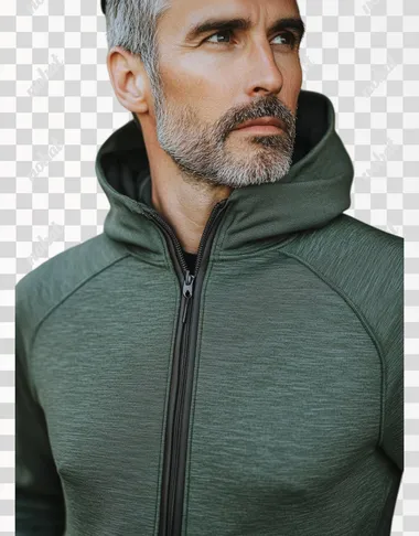 A man wearing a green, technical fabric jacket windbreaker with a hood and front panel in the style of a jacket. The colors blend softly, and the photography is high resolution, capturing a sustainable fashion piece with a lighthearted mood. The top is made of a solid, dark grey matte jersey material, with no wrinkles on the chest and a flat collar.