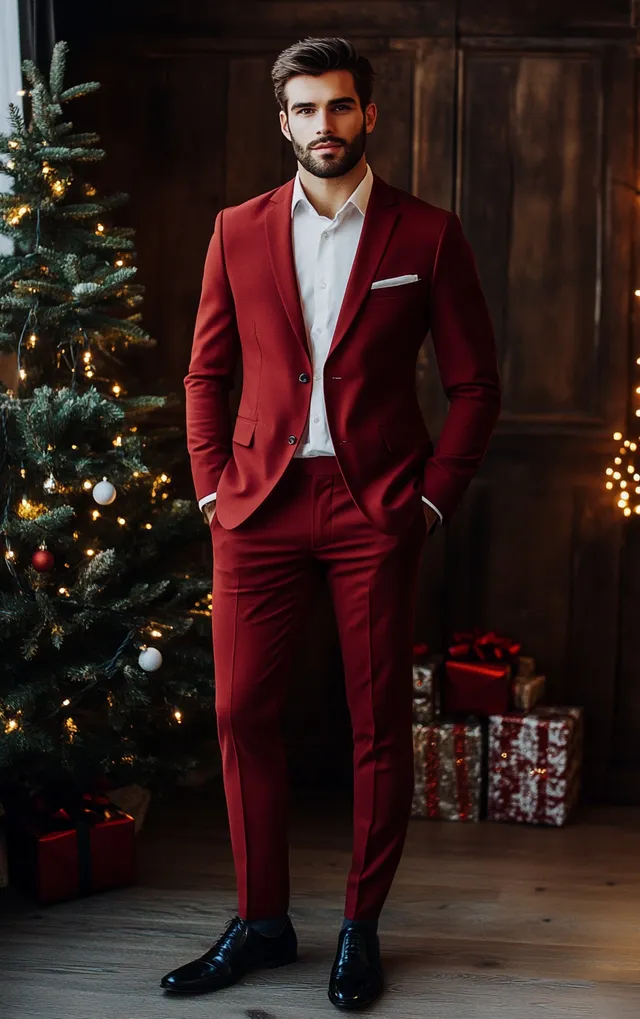 Elegant Man in Red Suit Against Christmas Background