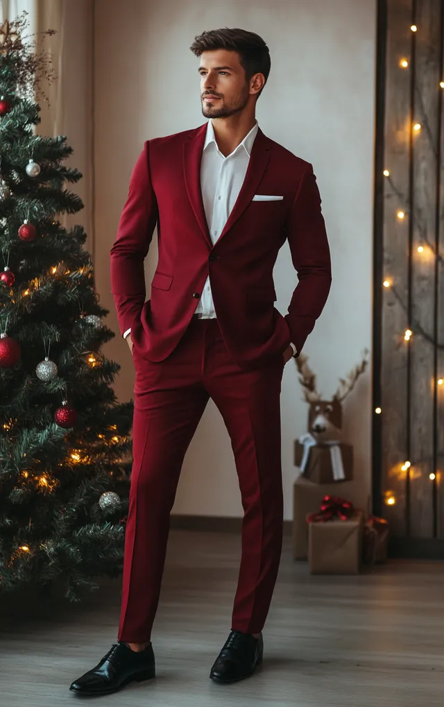 Elegant Man in Red Suit Celebrating Christmas