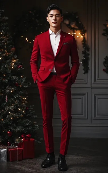A stylish man wearing a well-tailored red suit, paired with a crisp white shirt and black formal shoes, stands confidently against a subtle Christmas-themed background. The setting includes a small decorated Christmas tree, a few glowing fairy lights, and a hint of festive ornaments, creating a minimal yet elegant holiday ambiance. The lighting is warm and soft, adding a touch of Christmas spirit while keeping the focus on the man's sophisticated attire