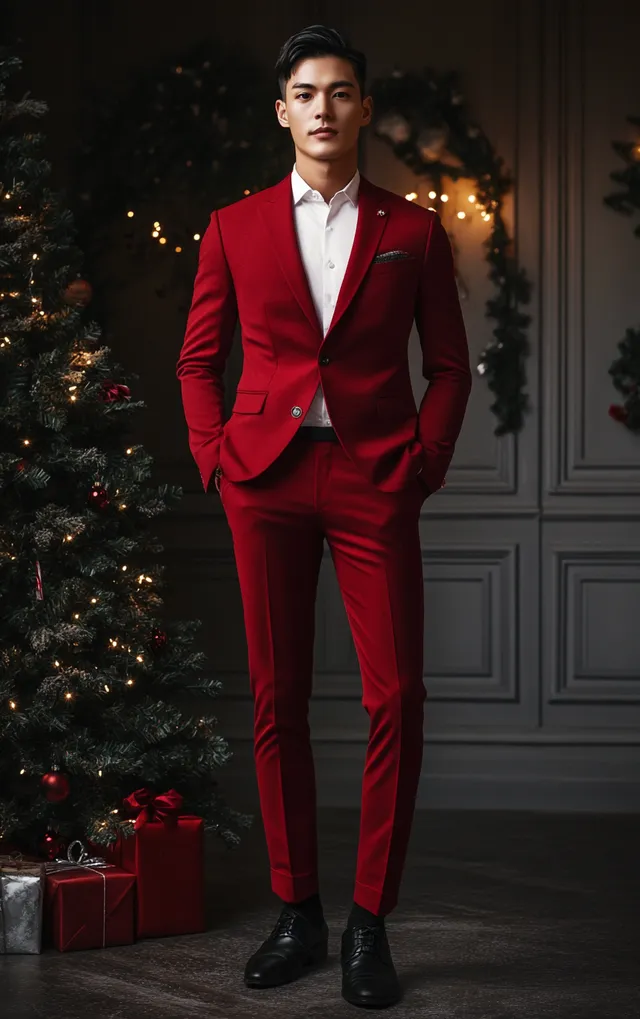 Stylish Man in Red Suit Against a Festive Background