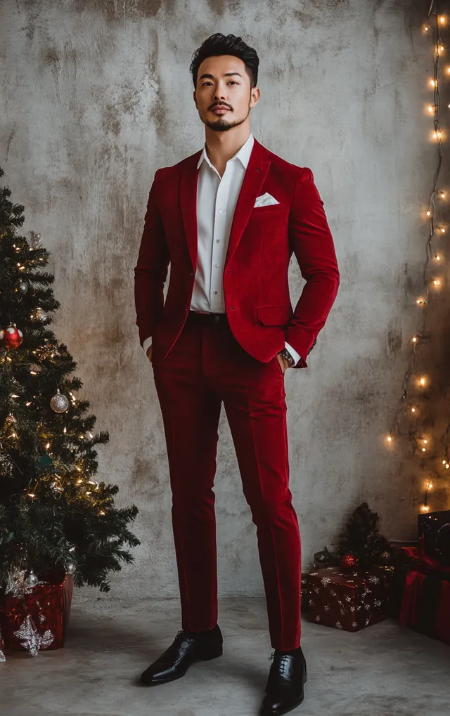 Stylish Man in Red Suit Against Christmas Backdrop