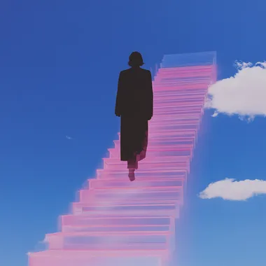 A silhouette climbing an endless glass staircase into the sky, fading into the cosmos, symbols of time and infinity floating in the air, dreamlike and ethereal.  rofile 69revf9