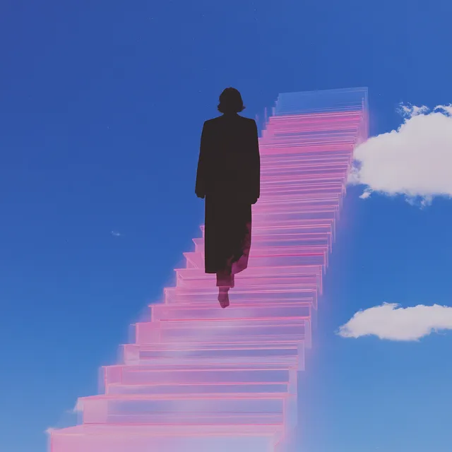 Silhouette Climbing Endless Glass Staircase into Cosmic Sky Dreams