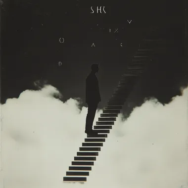 A silhouette climbing an endless glass staircase into the sky, fading into the cosmos, symbols of time and infinity floating in the air, dreamlike and ethereal.  rofile 69revf9