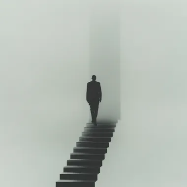A silhouette climbing an endless glass staircase into the sky, fading into the cosmos, symbols of time and infinity floating in the air, dreamlike and ethereal.  rofile 69revf9