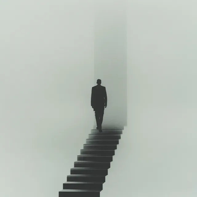 Silhouette of a Man Climbing Ethereal Glass Stairs in the Fog