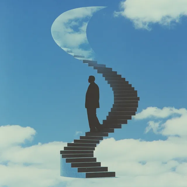 Silhouette Climbing an Endless Glass Staircase in the Sky, Ethereal Scene