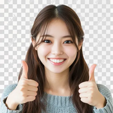 Japanese girl in her 20s with 2 thumbs up, smiling, against white background
