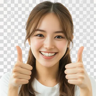 Japanese girl in her 20s with 2 thumbs up, smiling, against white background