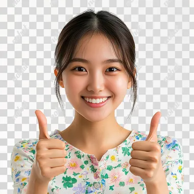 Japanese girl in her 20s with 2 thumbs up, smiling, against white background