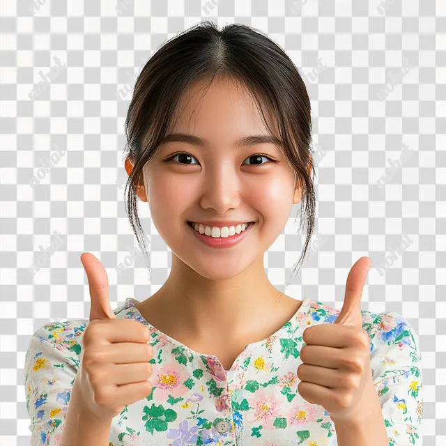 PNG Japanese girl in her 20s smiling with two thumbs up on white backdrop
