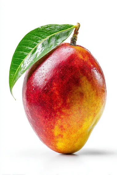 high-resolution studio photo of a single premium ripe mango with a perfect natural teardrop shape, slightly pointed at the bottom, smooth skin with rich red-to-yellow gradient, fresh small green leaf on top, isolated on a pure white background, no shadows, no harsh reflections, clean lighting, realistic colors and texture, professional product photography style, large fruit size emphasized, luxury organic produce   --raw
