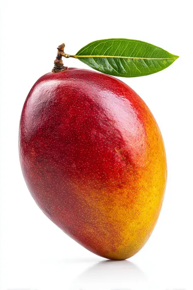 high-resolution studio photo of a single premium ripe mango with a perfect natural teardrop shape, slightly pointed at the bottom, smooth skin with rich red-to-yellow gradient, fresh small green leaf on top, isolated on a pure white background, no shadows, no harsh reflections, clean lighting, realistic colors and texture, professional product photography style, large fruit size emphasized, luxury organic produce   --raw