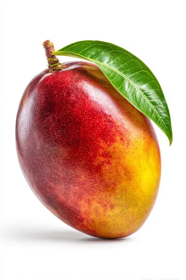 high-resolution studio photo of a single premium ripe mango with a perfect natural teardrop shape, slightly pointed at the bottom, smooth skin with rich red-to-yellow gradient, fresh small green leaf on top, isolated on a pure white background, no shadows, no harsh reflections, clean lighting, realistic colors and texture, professional product photography style, large fruit size emphasized, luxury organic produce   --raw