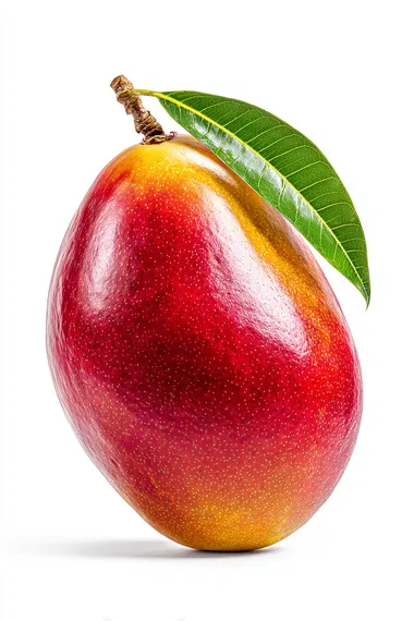high-resolution studio photo of a single premium ripe mango with a perfect natural teardrop shape, slightly pointed at the bottom, smooth skin with rich red-to-yellow gradient, fresh small green leaf on top, isolated on a pure white background, no shadows, no harsh reflections, clean lighting, realistic colors and texture, professional product photography style, large fruit size emphasized, luxury organic produce   --raw