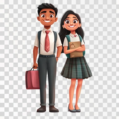 indian couple in school uniform dress with bags in caricature style illustration 8k