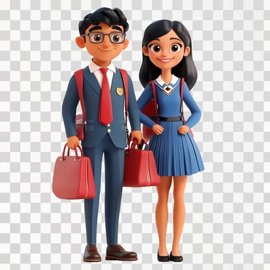 indian couple in school uniform dress with bags in caricature style illustration 8k