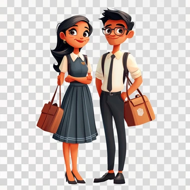 indian couple in school uniform dress with bags in caricature style illustration 8k