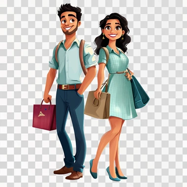 indian couple in school uniform dress with bags in caricature style illustration 8k