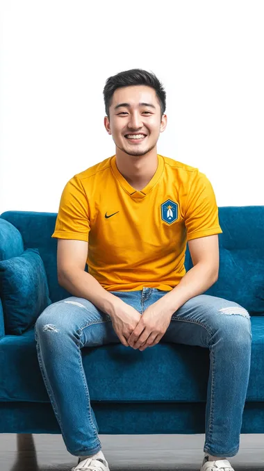 Happy young asian man in yellow football jersey and blue jeans seat on single blue sofa, white background