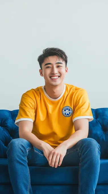 Happy young asian man in yellow football jersey and blue jeans seat on single blue sofa, white background