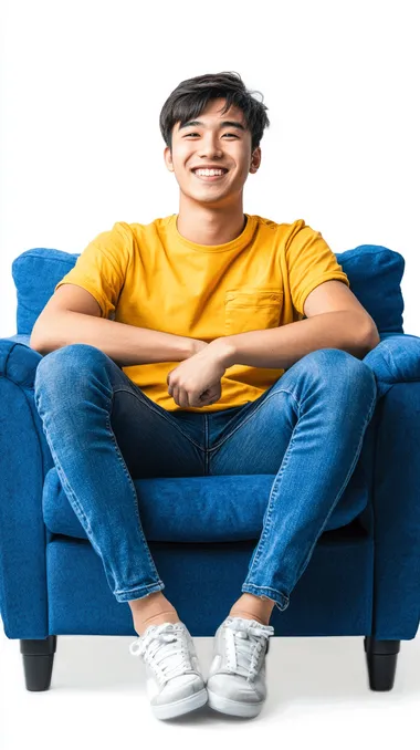 Happy young asian man in yellow football jersey and blue jeans seat on single blue sofa, white background