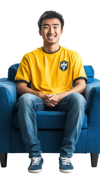 Happy young asian man in yellow football jersey and blue jeans seat on single blue sofa, white background