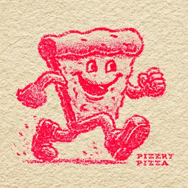 Cute vintage cartoon mascot character in 1950s screen print style,being a slice of pizza walking in shoes, the pizza slice is holding hands with a smaller pizza slice. Extremely simplified shapes, chibi-like proportions, thick outline, no facial detail beyond dots and curve lines, one-color ink design. In the style of old American diner logos. Perfect for retro T-shirt print. Off-white background.   --s 250 rofile vg7y6ad