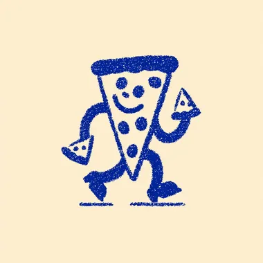 Cute vintage cartoon mascot character in 1950s screen print style,being a slice of pizza walking in shoes, the pizza slice is holding hands with a smaller pizza slice. Extremely simplified shapes, chibi-like proportions, thick outline, no facial detail beyond dots and curve lines, one-color ink design. In the style of old American diner logos. Perfect for retro T-shirt print. Off-white background.   --s 250 rofile vg7y6ad