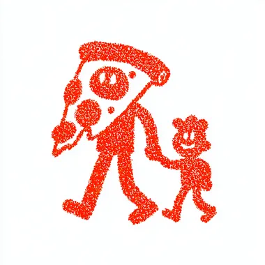 Cute vintage cartoon mascot character in 1950s screen print style,being a slice of pizza walking in shoes, the pizza slice is holding hands with a smaller pizza slice. Extremely simplified shapes, chibi-like proportions, thick outline, no facial detail beyond dots and curve lines, one-color ink design. In the style of old American diner logos. Perfect for retro T-shirt print. Off-white background.   --s 250 rofile vg7y6ad