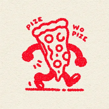 Cute vintage cartoon mascot character in 1950s screen print style,being a slice of pizza walking in shoes, the pizza slice is holding hands with a smaller pizza slice. Extremely simplified shapes, chibi-like proportions, thick outline, no facial detail beyond dots and curve lines, one-color ink design. In the style of old American diner logos. Perfect for retro T-shirt print. Off-white background.   --s 250 rofile vg7y6ad