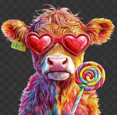 Valentine's Day highland Cute Cow with red heart-shaped glasses and a lollipop, on a white background in a clipart style, detailed illustration in the style of Josephine Wall.
