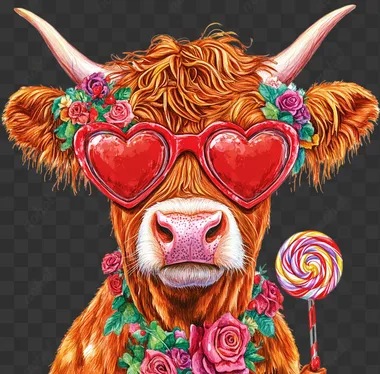 Valentine's Day highland Cute Cow with red heart-shaped glasses and a lollipop, on a white background in a clipart style, detailed illustration in the style of Josephine Wall.