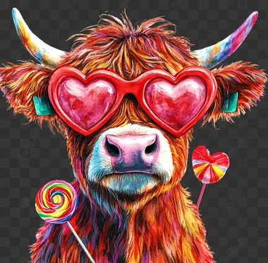 Valentine's Day highland Cute Cow with red heart-shaped glasses and a lollipop, on a white background in a clipart style, detailed illustration in the style of Josephine Wall.