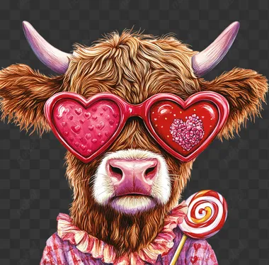 Valentine's Day highland Cute Cow with red heart-shaped glasses and a lollipop, on a white background in a clipart style, detailed illustration in the style of Josephine Wall.