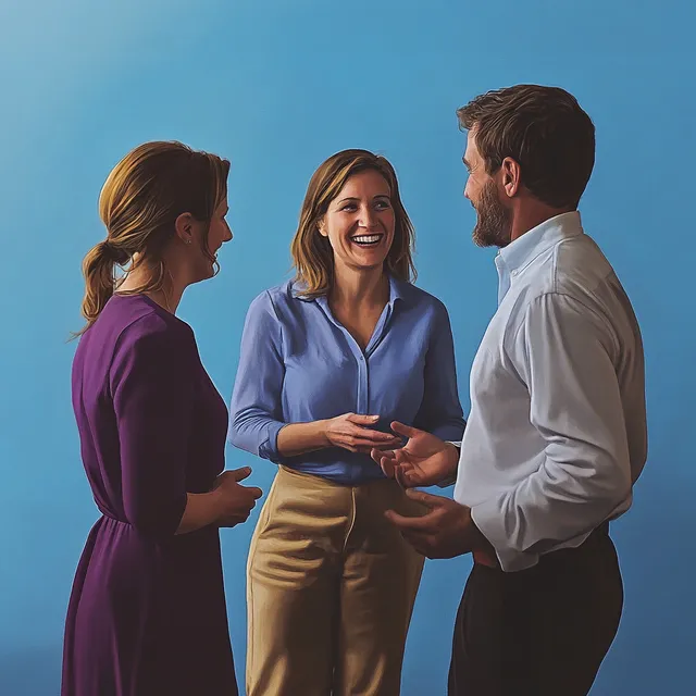 Three people conversing in a living room, smiling, casual attire