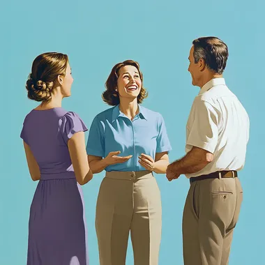 A smiling woman talking to a man and a woman, one of them wearing beige trousers and a blue shirt, the other woman wearing a purple dress and the man wearing a white shirt with the sleeves rolled up, the man is slightly overweight, viewed from above at a three-quarter angle against a blue background, photo, realistic,
