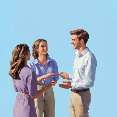 A smiling woman talking to a man and a woman, one of them wearing beige trousers and a blue shirt, the other woman wearing a purple dress and the man wearing a white shirt with the sleeves rolled up, the man is slightly overweight, viewed from above at a three-quarter angle against a blue background, photo, realistic,