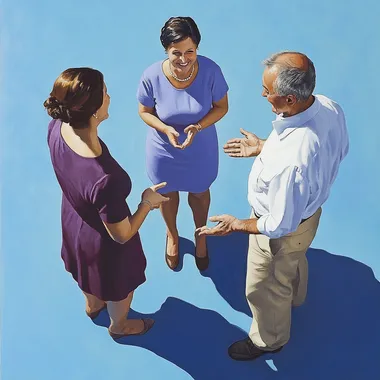 A smiling woman talking to a man and a woman, one of them wearing beige trousers and a blue shirt, the other woman wearing a purple dress and the man wearing a white shirt with the sleeves rolled up, the man is slightly overweight, viewed from above at a three-quarter angle against a blue background, photo, realistic,