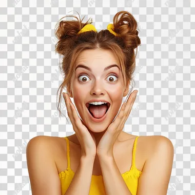 young, happy, friendly, surprised, festive woman, playful, on white background