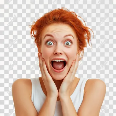 young, happy, friendly, surprised, festive woman, playful, on white background