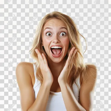young, happy, friendly, surprised, festive woman, playful, on white background