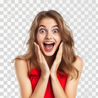 young, happy, friendly, surprised, festive woman, playful, on white background