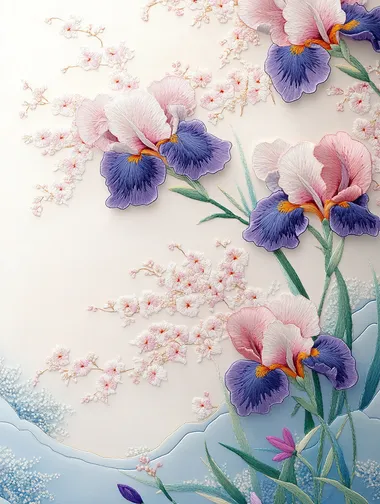 This is an embroidery art painting, Suzhou embroidery, the painting is a scene of spring flowers, irises of gradient colors blooming, part of the background is left blank, vector. 8K, UHD, presents a collection of works of art