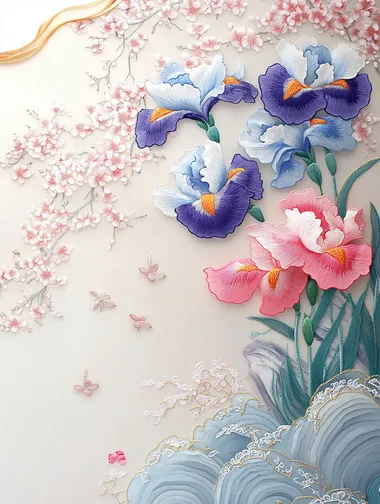 This is an embroidery art painting, Suzhou embroidery, the painting is a scene of spring flowers, irises of gradient colors blooming, part of the background is left blank, vector. 8K, UHD, presents a collection of works of art