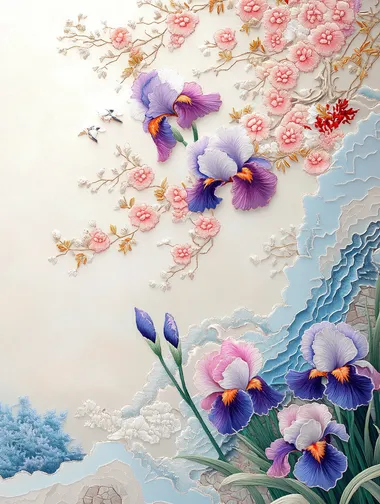 This is an embroidery art painting, Suzhou embroidery, the painting is a scene of spring flowers, irises of gradient colors blooming, part of the background is left blank, vector. 8K, UHD, presents a collection of works of art